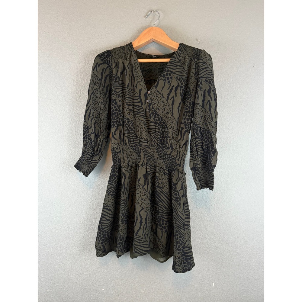 Rails Zana Olive Mixed Animal Stripe Mini Dress Smocked Waist V-Neck 910152-2848